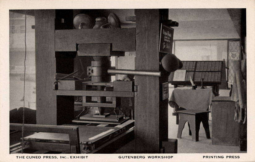 An image of the printing press in the Gutenberg Workshop, curtsy of Cuneo Press. Inc Exhibit.