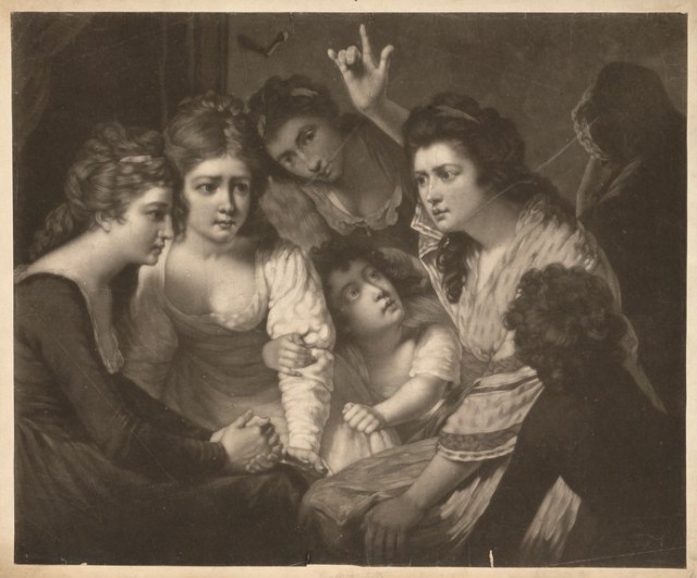A lady telling a gripping story to young women and children. Mezzotint by V. Green, 1785, after J. Opie. Credit: Wellcome Collection, CC BY