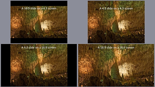 4 slides that show 4:3 content on 4:3 and 16:9 slides and 16:9 content on 4:3 and 16:9 slides