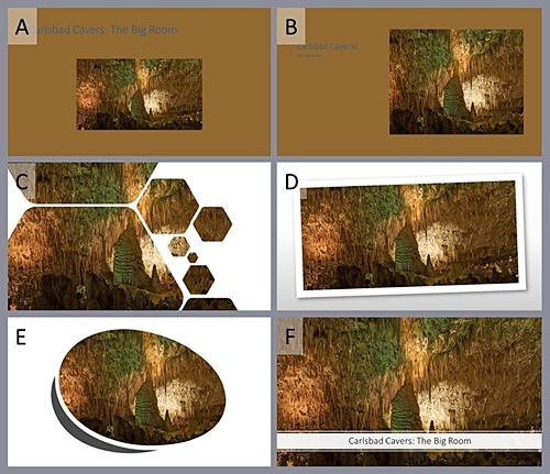 a slide showing 6 default option for image layout in PowerPoint. On Slide F the image completely fills the screen and a white text box displays the title at the bottom.